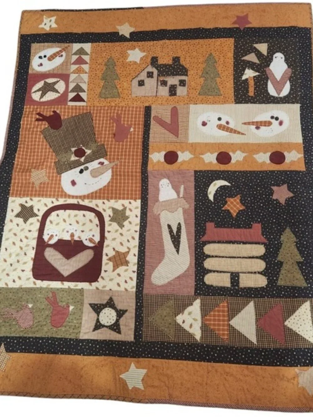 Handmade Quilt Snowman‎ House Tree Autumn Fall Winter Fabric Art Decor farmhouse